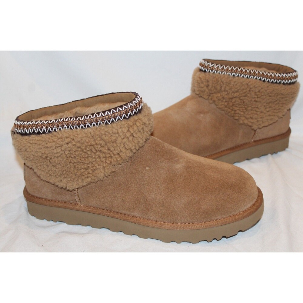 UGG Women's Classic Ultra Mini Maxi Curly Suede Shearling‎ Lined Boots Chestnut